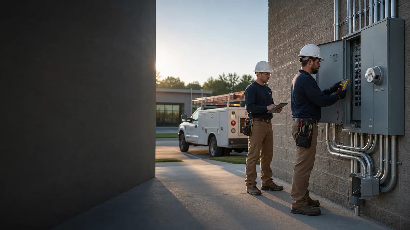 Two electricians inspecting a commercial electrical service