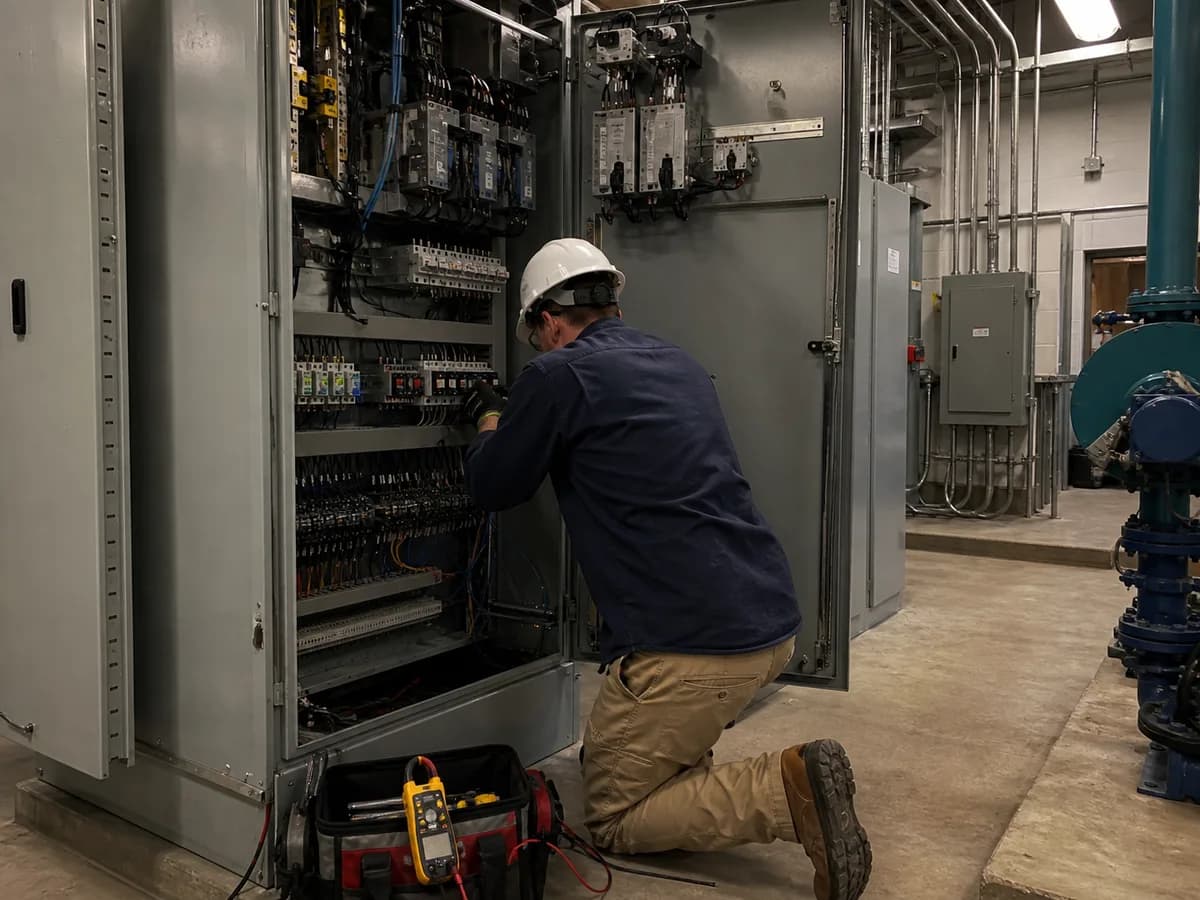 Electrician performing maintenance at an electrical control cabinet