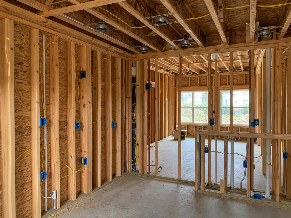 Electrical rough-in wiring and recessed light housings in a new home
