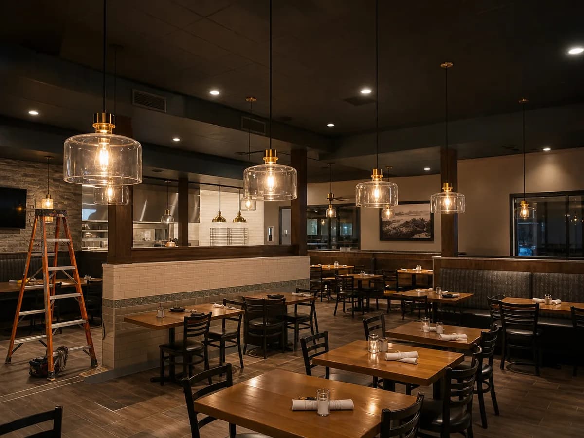 Finished restaurant dining room with pendant and recessed lighting