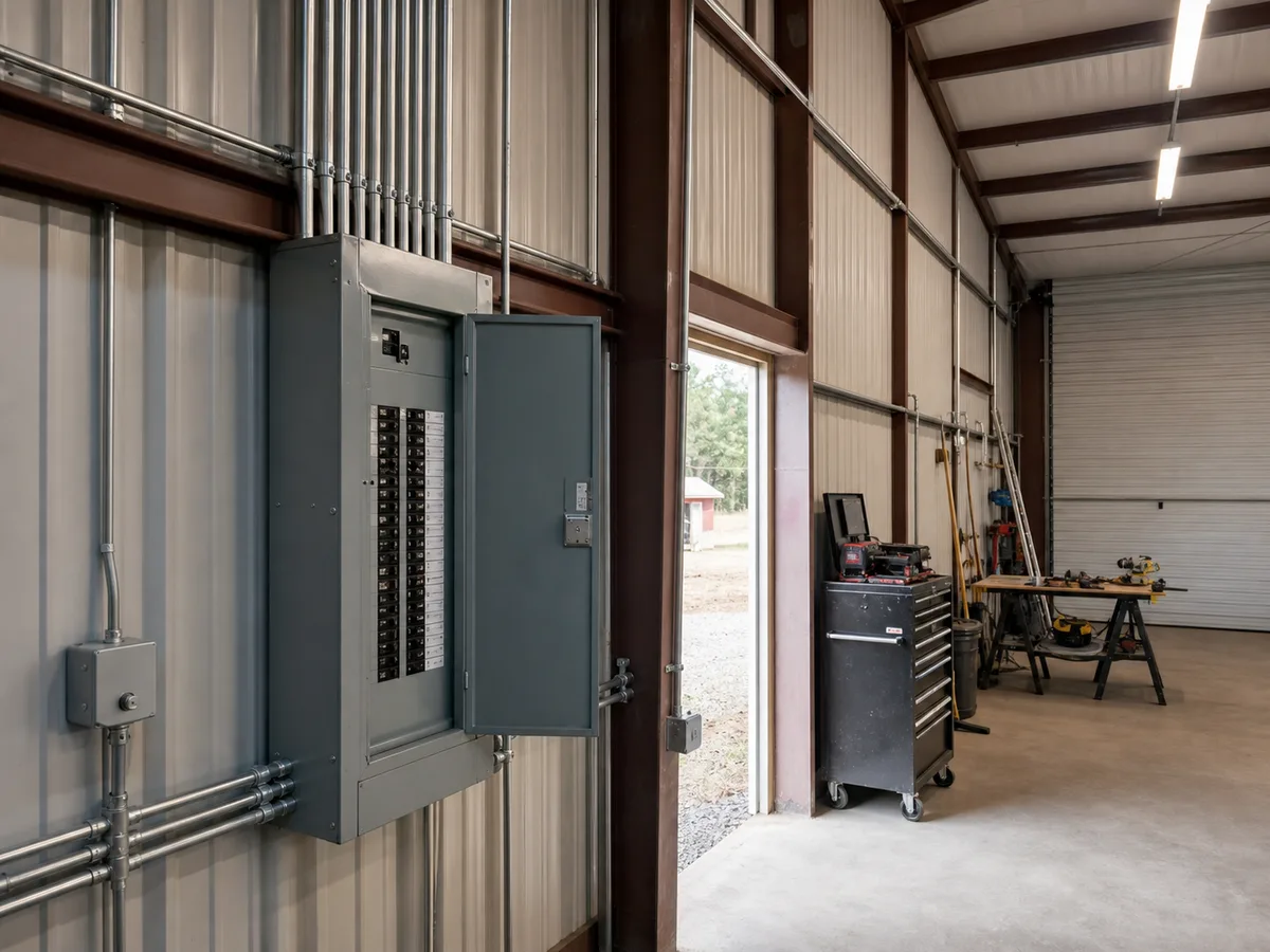 Electrical panel and conduit inside a finished metal shop building